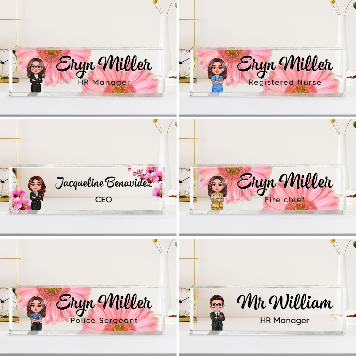 Daisy Flowers Woman Man Office - Personalized Acrylic Desk Name Plate - Gift For Colleagues, Coworkers, Boss