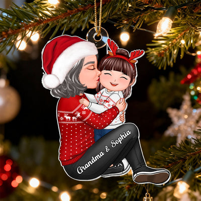 Christmas Grandma Kissing Grandkid - Personalized Acrylic Ornament - Heartwarming Gift For Granddaughter Grandson