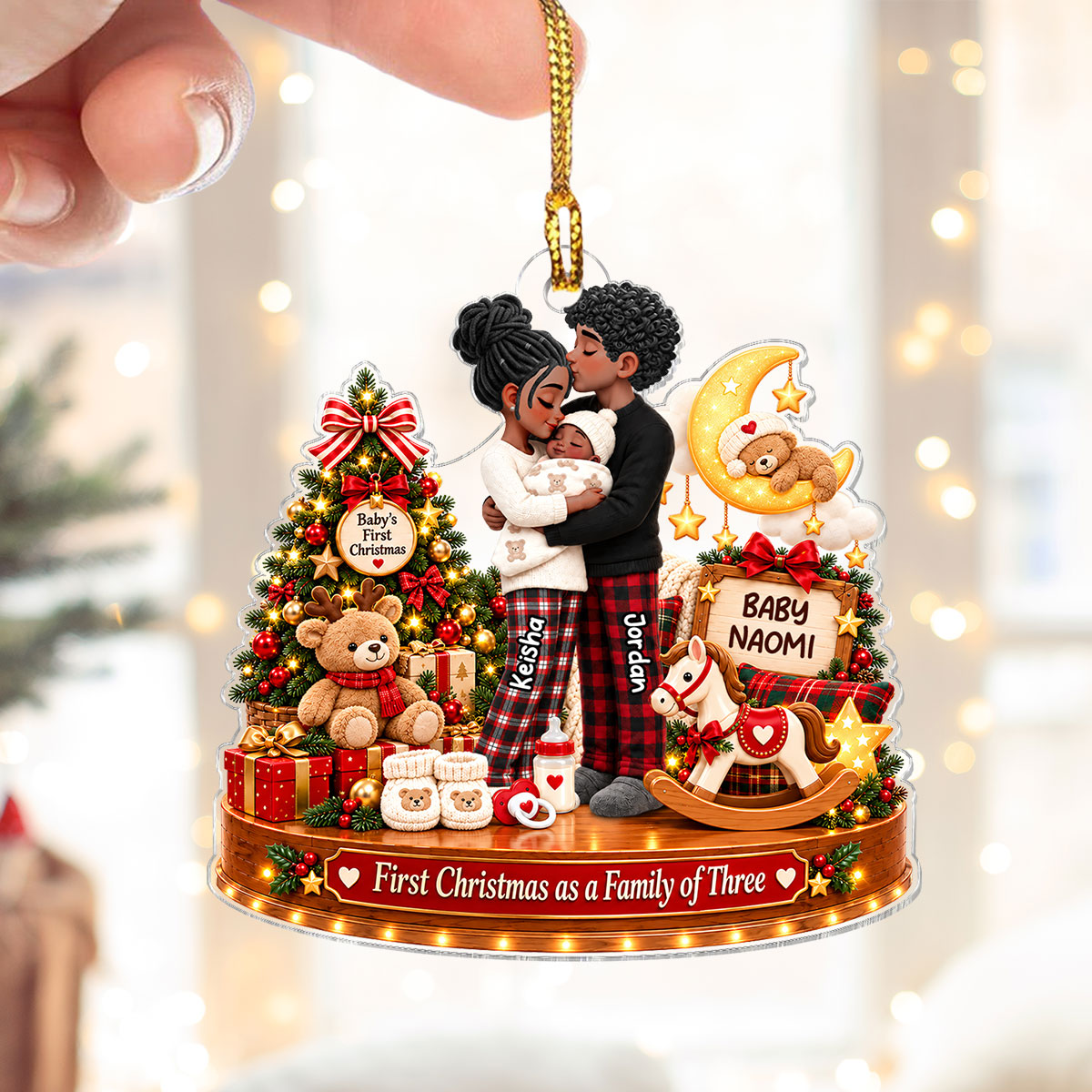 Heartwarming First Christmas As Family Of Three Newborn Baby - Personalized Acrylic Ornament - Christmas Keepsake, Gift For New Mom, New Dad, New Parents