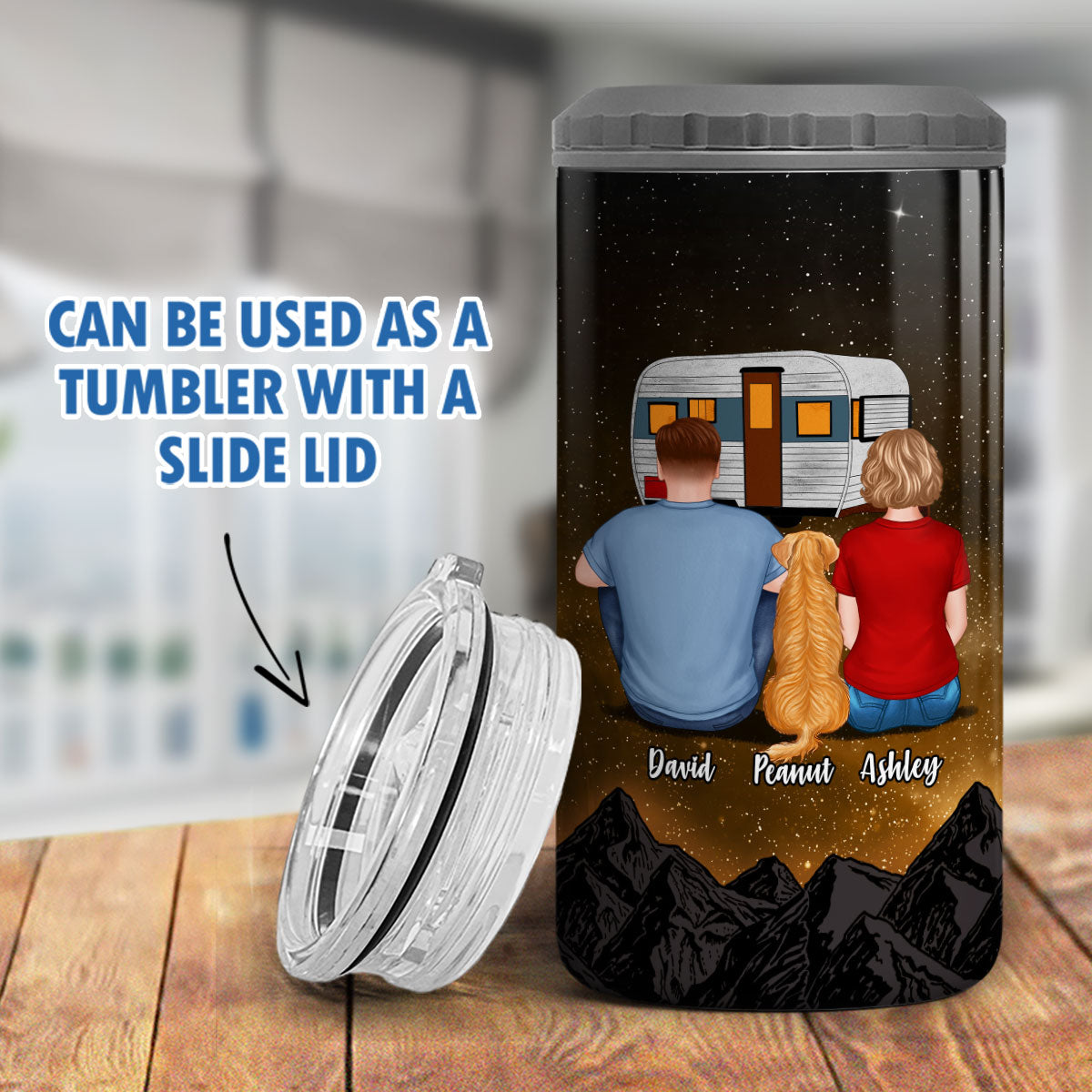 Couple And Dogs Camping Multi-Use Tumbler - Personalized 4 In 1 Can Cooler - Gift For Camping Lovers, Dog Mom, Dog Dad