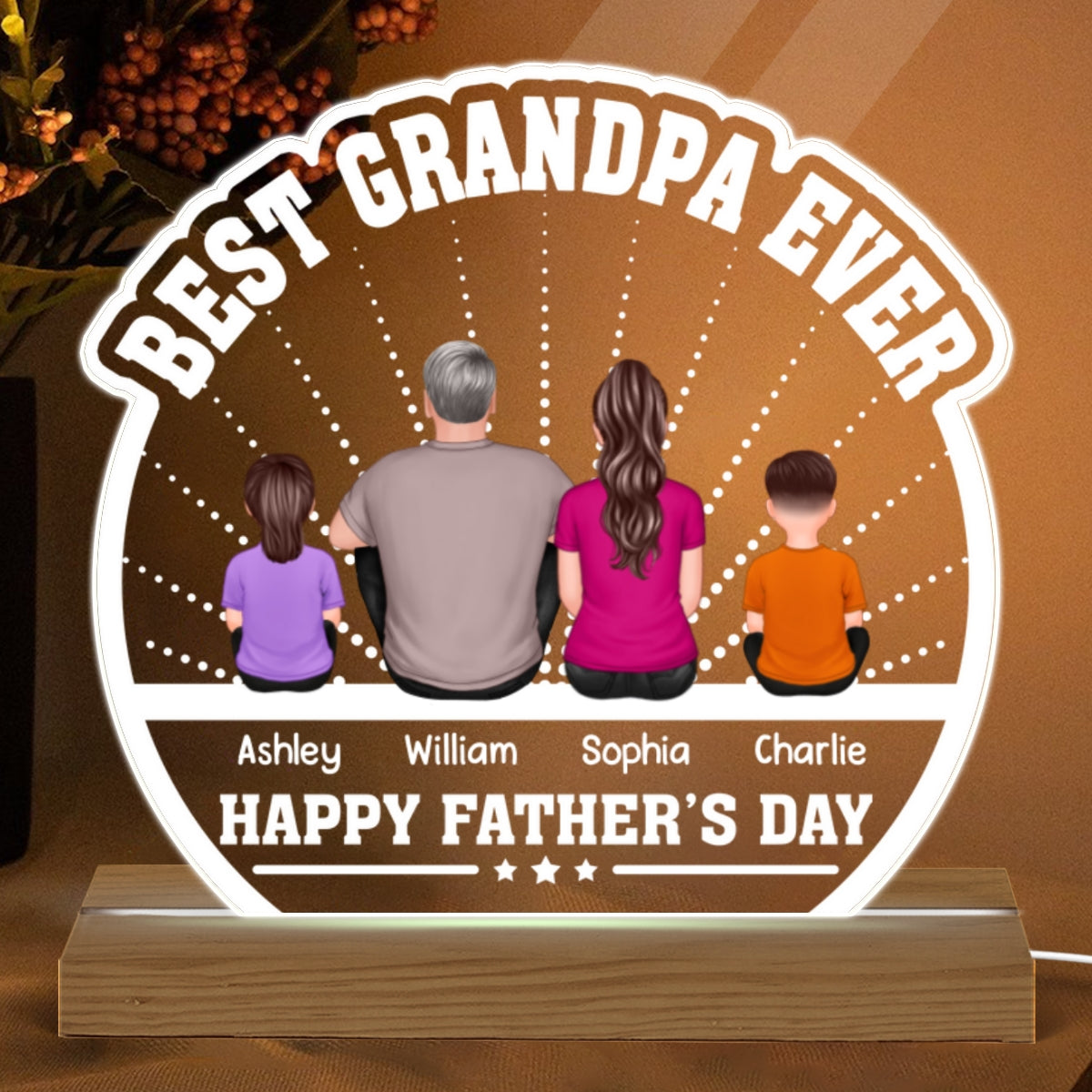 Best Grandpa Ever Back View Man Kids Dog Cat Personalized Custom Shaped Acrylic Plaque With Warm LED Night Light
