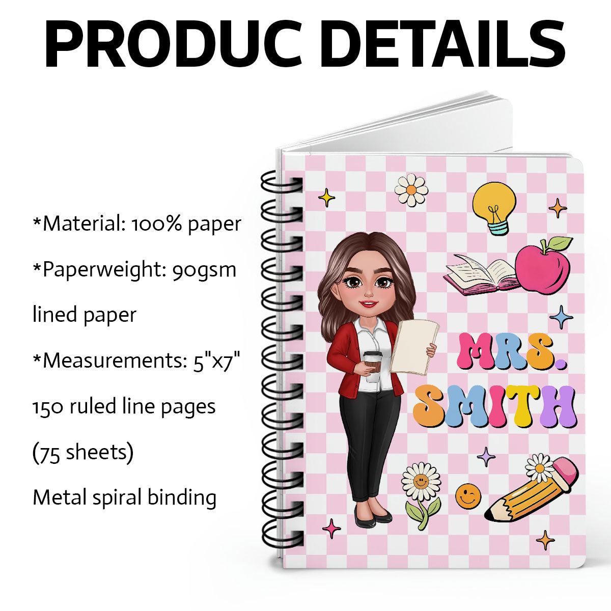 Groovy School Things Teacher Name Personalized Spiral Notebook Journal, Back To School Stationery