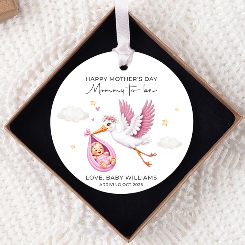 Cute Stork And Baby Mommy to be, Personalized Ceramic Ornament, Heartfelt First Gift for Pregnant Mom