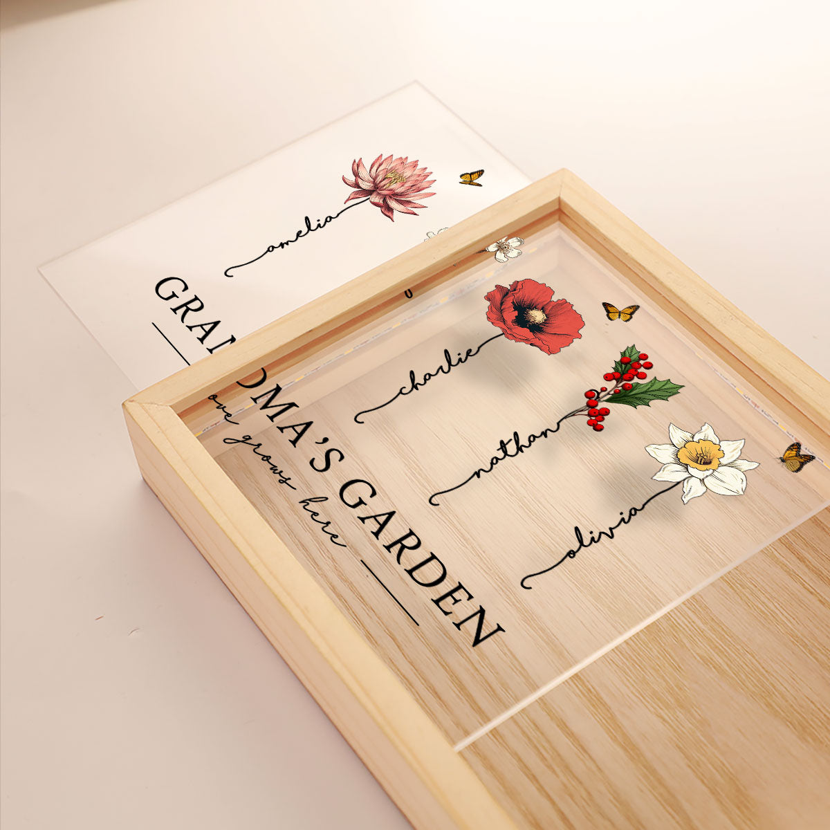 Grandma‘s Garden Love Grows Here Beautiful Birth Month Flower Gift For Grandma Mom Personalized Wooden Frame Light Box