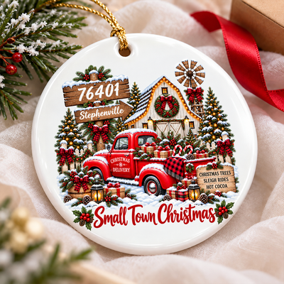 Custom Zip Code Small Town Christmas - Personalized Ceramic Ornament - Trendy Christmas Holiday Tee, Town Pride