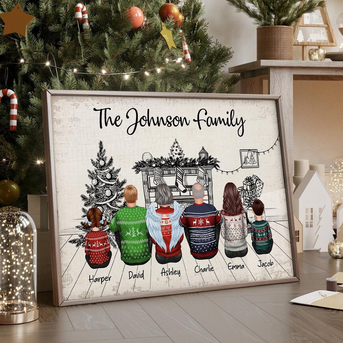 Sketch Background Christmas Family Back View Sitting Together At Fireplace Personalized Poster