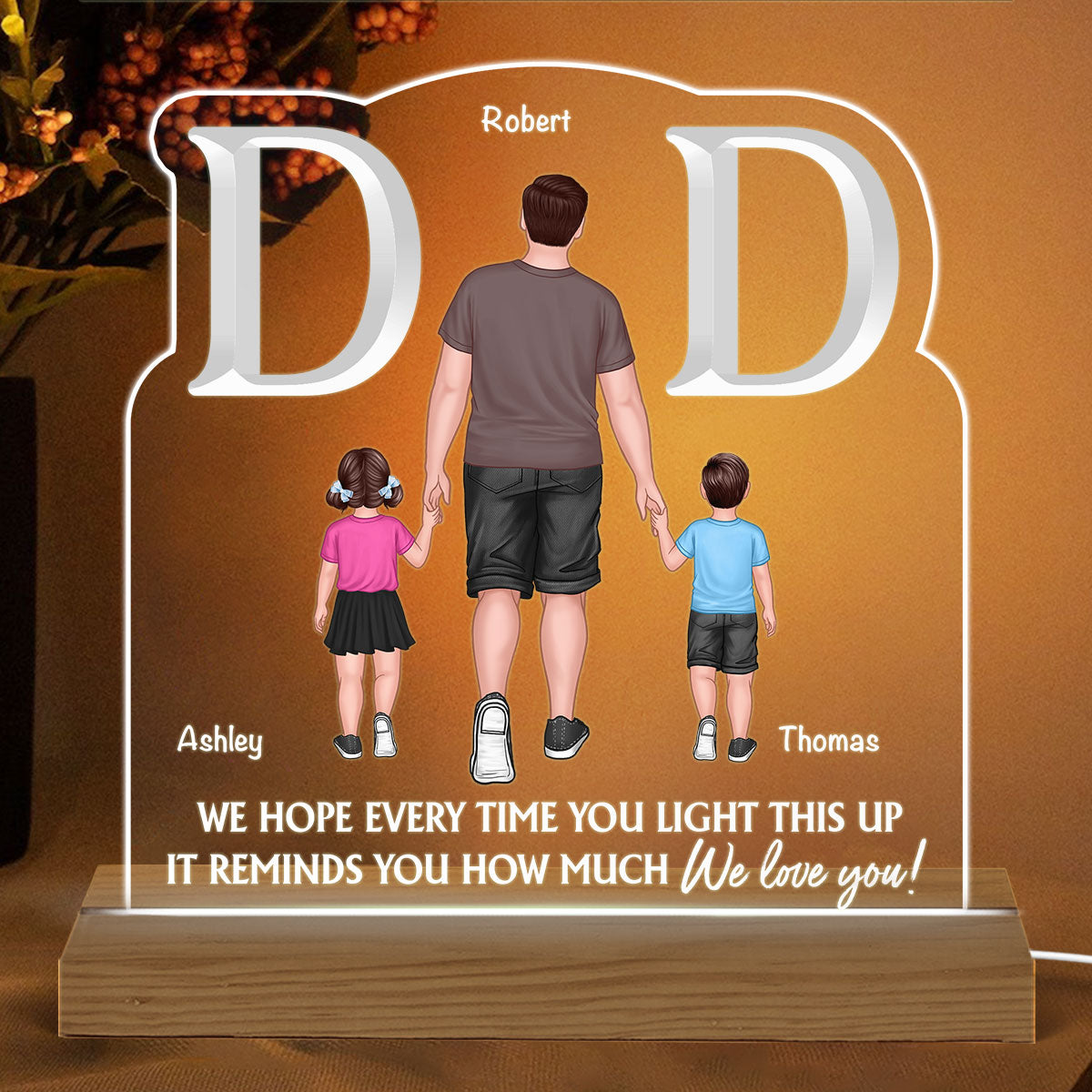 Dear Dad Back View Man Dad And Kids Walking Personalized Custom Shape Acrylic Plaque Warm LED Night Light
