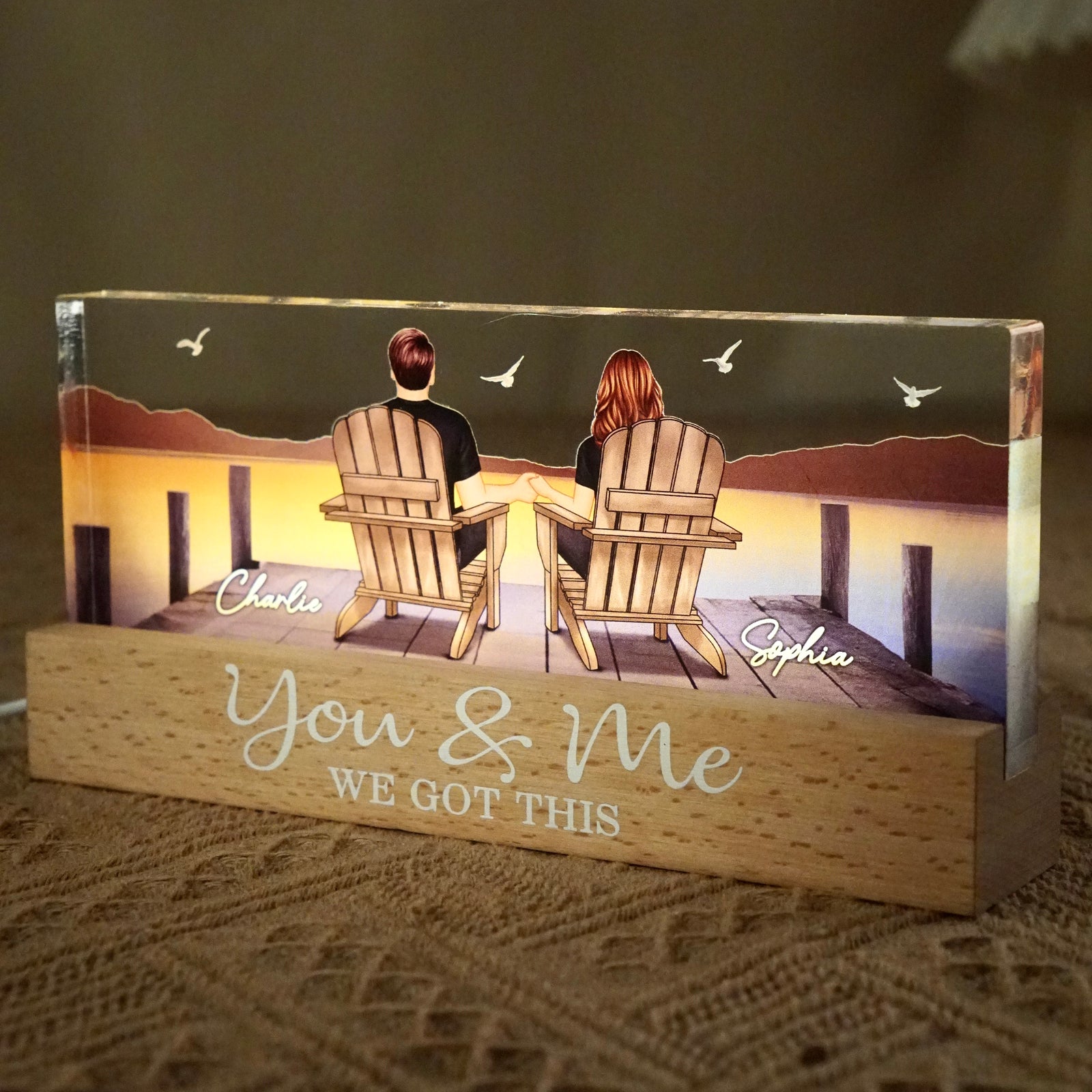 Couple Sitting On The Bridge, Lake Dock Personalized Acrylic Block LED Night Light, Heartfelt 2025  Gift For Couple, For Her, Girlfriend, Wife