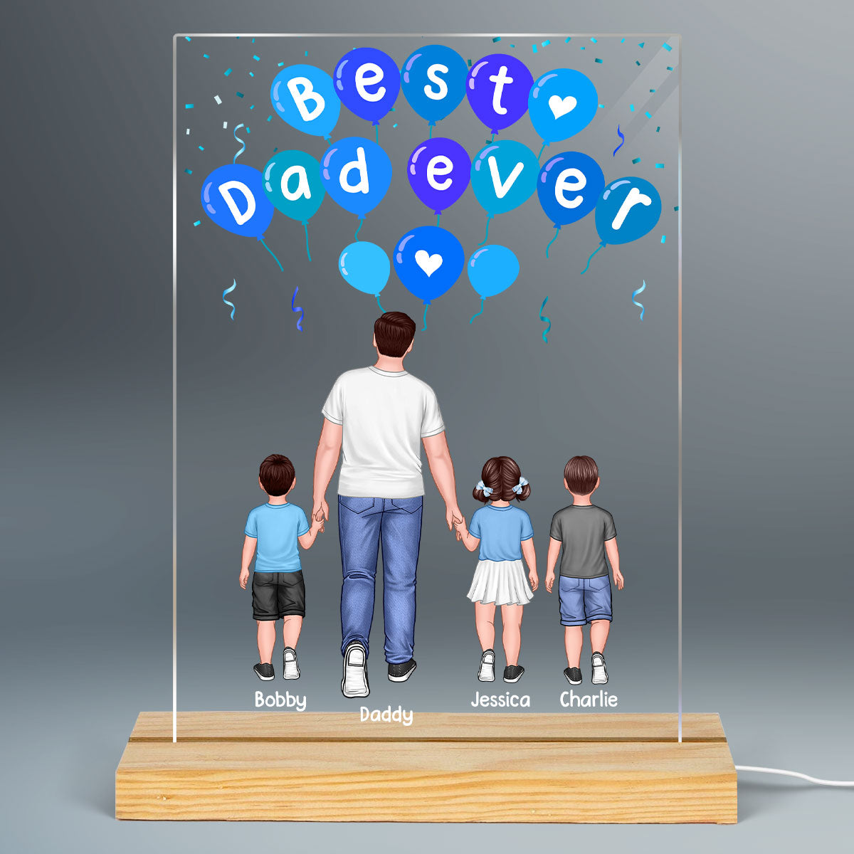 Blue Balloon Dad And Kids Back View Personalized Rectangle Acrylic LED Night Light