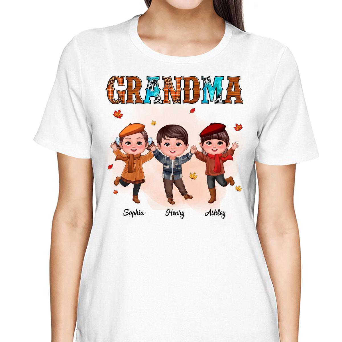 Grandma Teal And Leopard Fall Season Happy Doll Grandkids Personalized Shirt