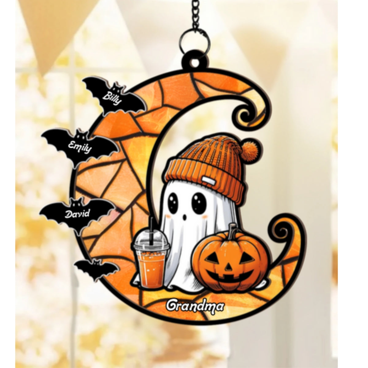 Halloween Grandma Boo & Bats Kids On Moon Personalized Suncatcher, Gift For Grandma