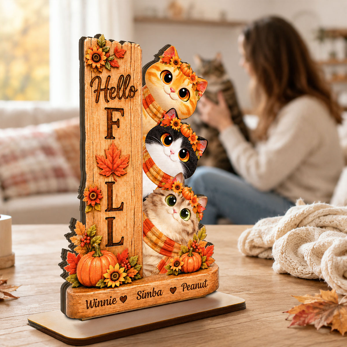 Hello Fall Cats 2D Flat - Personalized Wooden Plaque - Fall Season Decoration