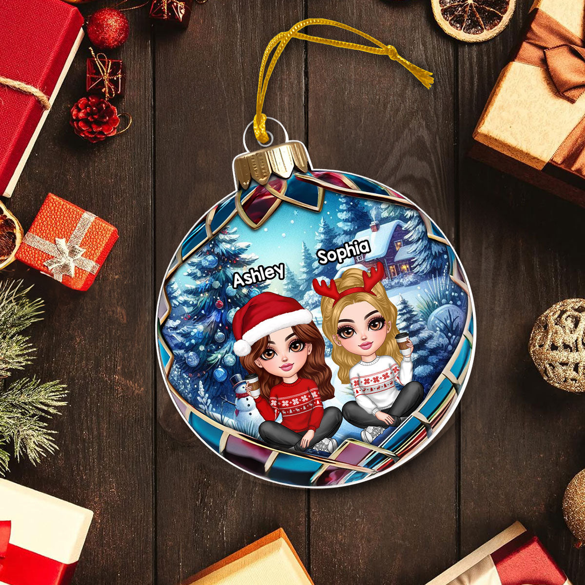 Realistic Christmas Winter Scene Besties Sisters Personalized Acrylic Ornament, Christmas Gift for Besties, Sisters, Friends
