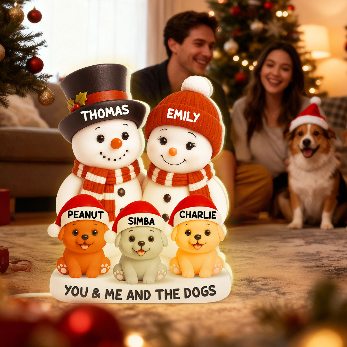 Christmas Snowman Couple You Me And The Dogs Cats- Personalized Light Box - Gift For Dog Cat Lovers