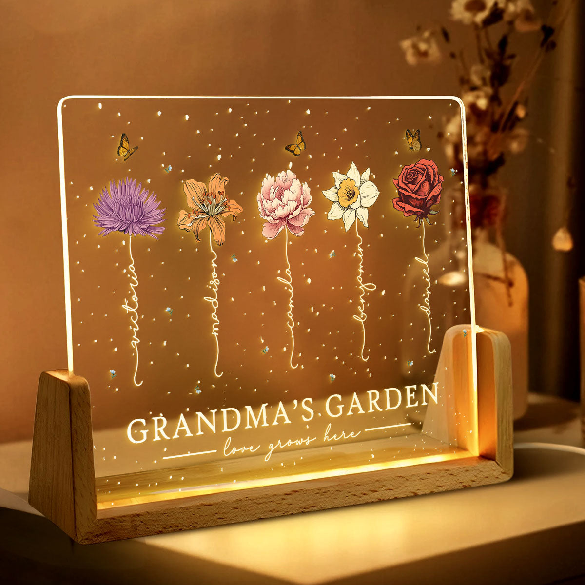 Grandma's Garden Love Grows Here Birthmonth Flowers Personalized U-Base Acrylic LED Night Light, Grandkids Names Floral Gift