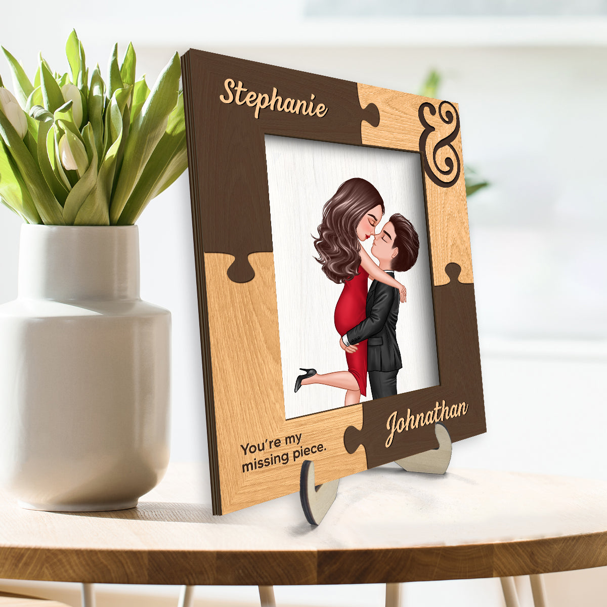 Puzzle Frame Couple Hugging Kissing Personalized 2-layer Wooden Plaque