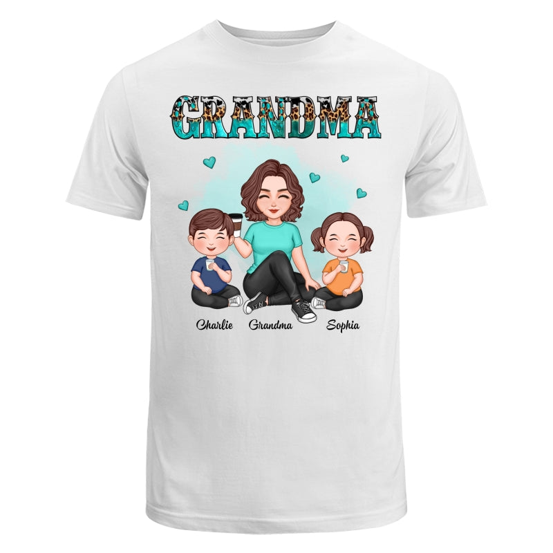 Grandma Sitting With Grandkids Leopard Pattern Personalized Shirt