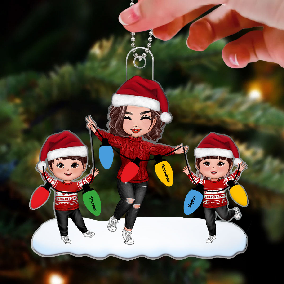 Christmas Lights Happy Doll Grandma Grandkids Personalized Acrylic Ornament