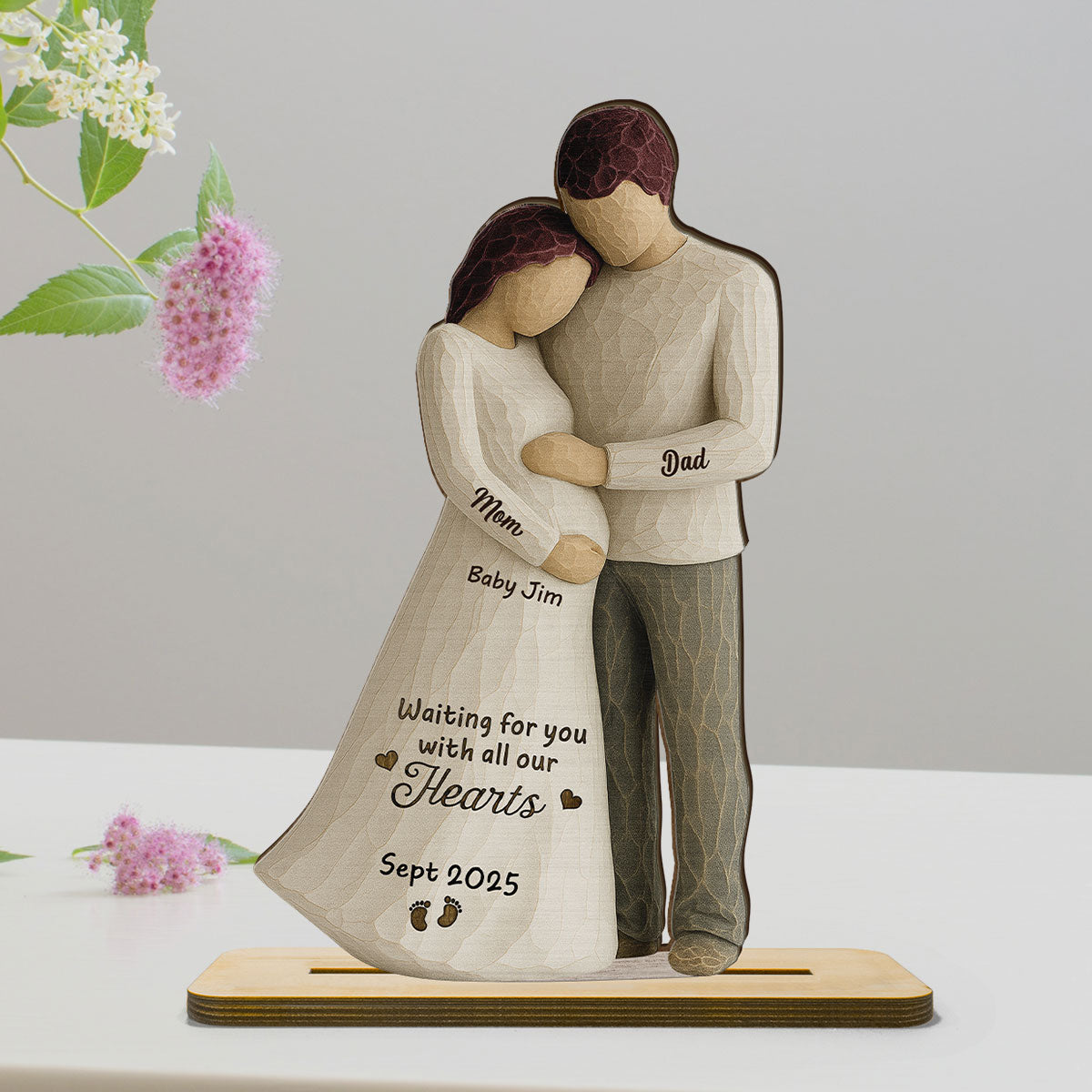 Waiting For You With All Our Hearts Couple Expecting Baby 3D Effect Personalized Standing Wooden Plaque, Baby Shower Gift For Parents-to-be