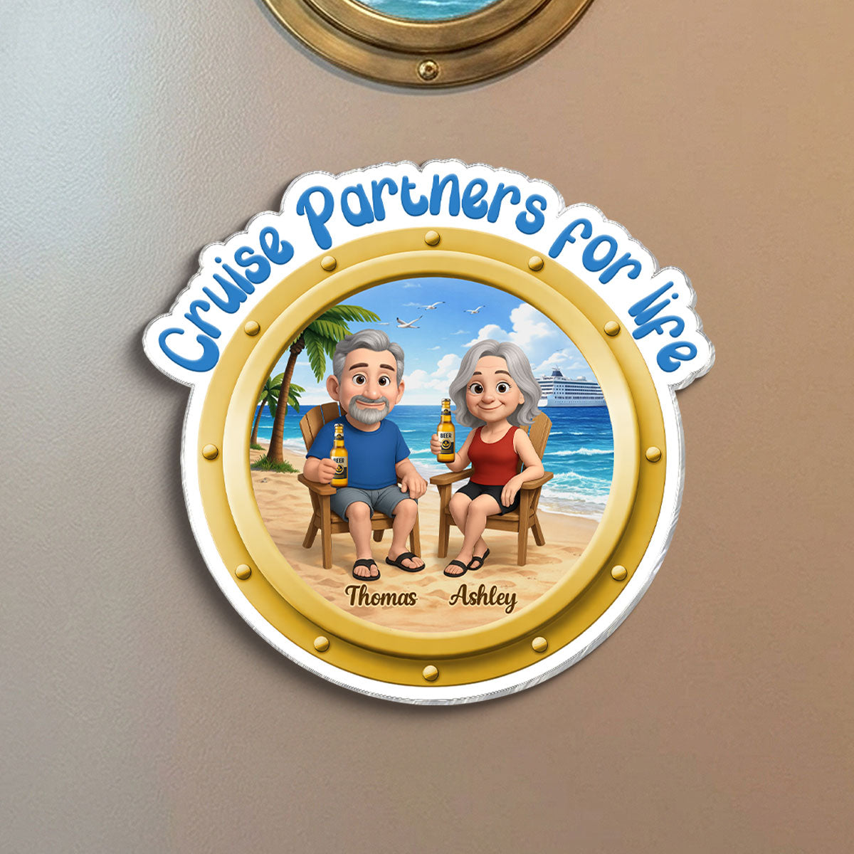 Cruise Partners For Life Porthole Cartoon Couple Sitting On The Beach - Personalized Cruise Ship Door Magnet