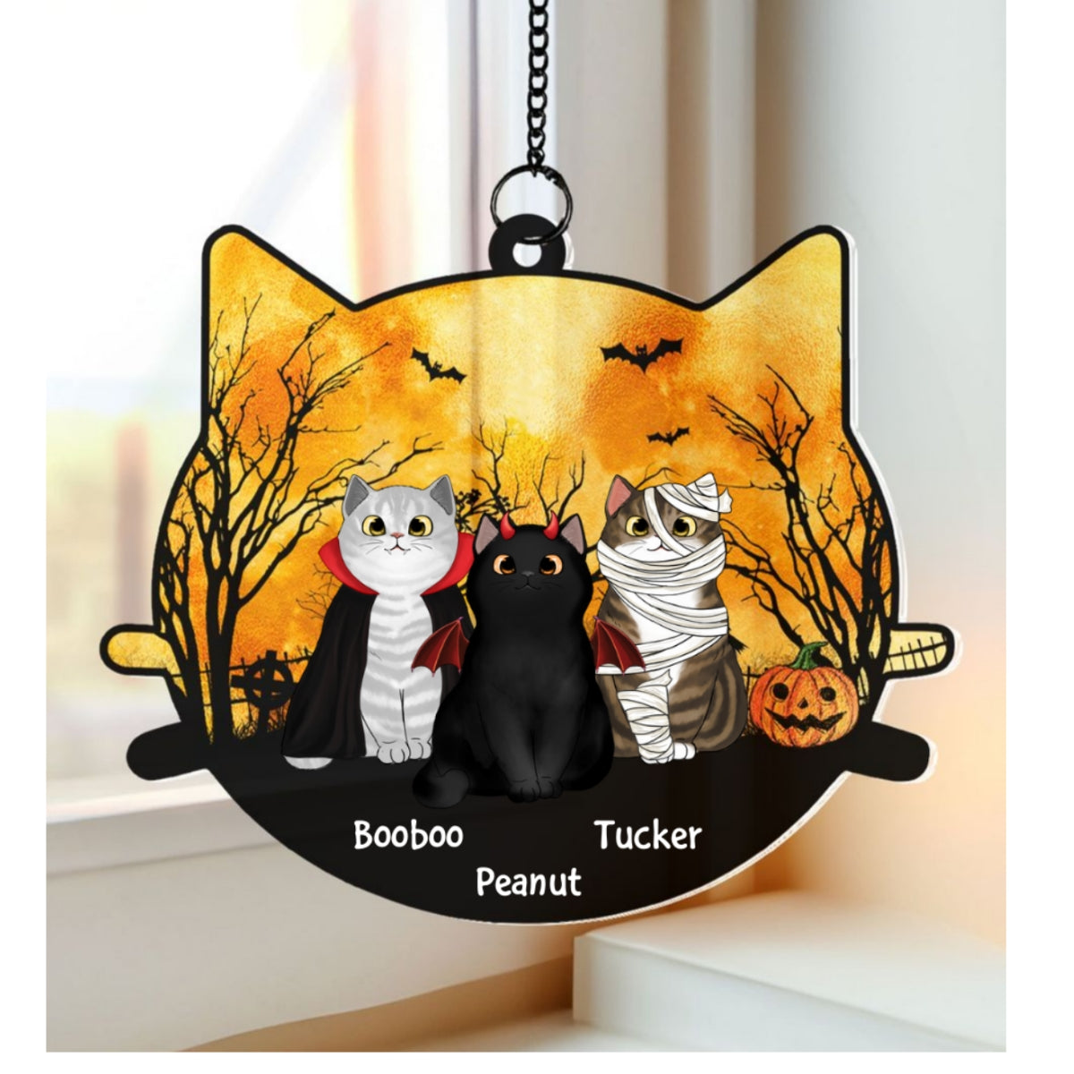 Halloween Cat Face Shaped Personalized Window Hanging Suncatcher Ornament, Halloween Decor For Cat Lovers
