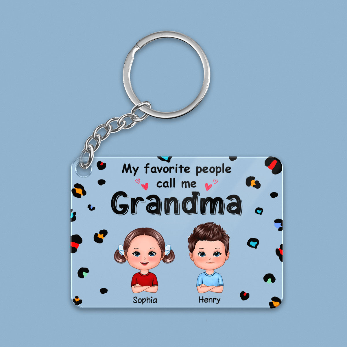 My Favorite People Call Me Grandma Cute Doll Kids Colorful Leopard Pattern Personalized Acrylic Keychain