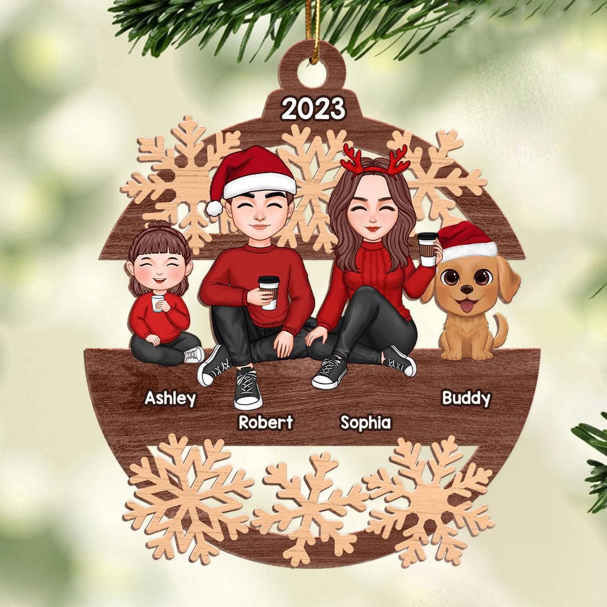 Snowflake Cute Family Sitting Personalized Wooden Ornament