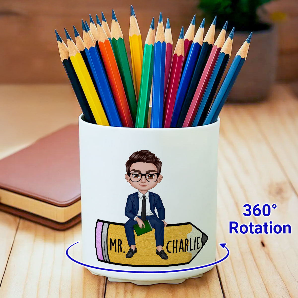 Teacher Sitting On Pencil Personalized Rotating Pen Holder, Back To School Gift, Teacher Appreciation Gift