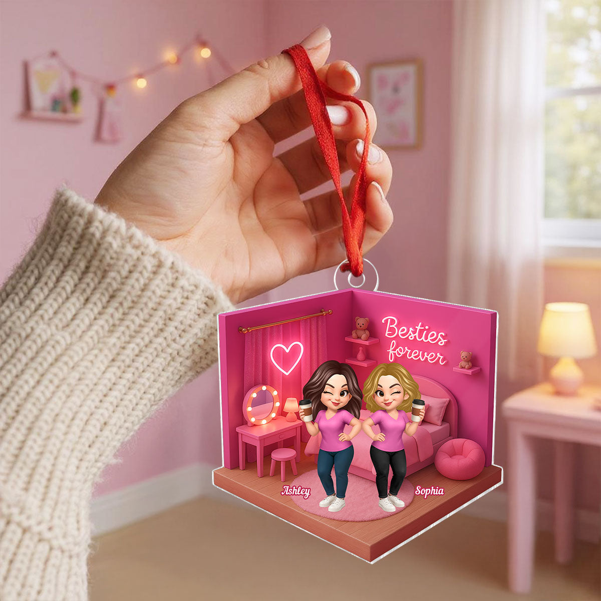 3D Effect Besties Pink Tone Dream Dollhouse Personalized Flat Acrylic Ornament