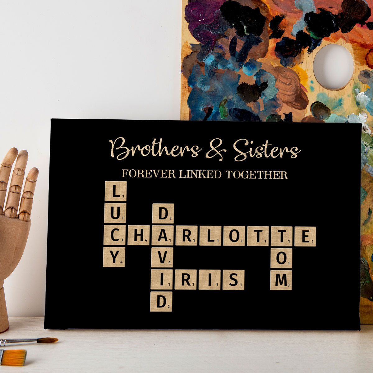 Brothers & Sisters Forever Linked Together Crossword Puzzle Art Personalized Wrapped Canvas