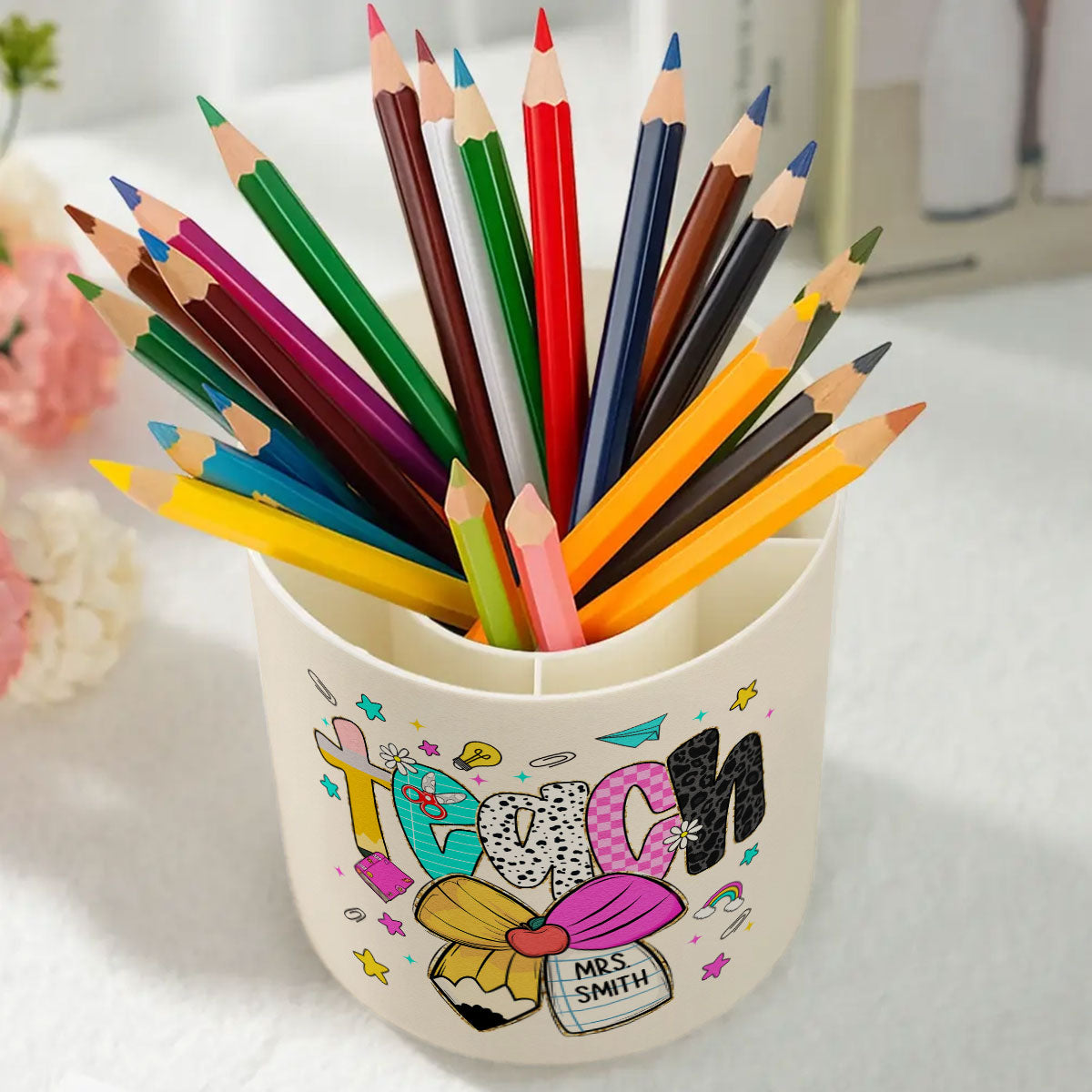 Preppy Teacher Pencil Coquette Bow Doodle Personalized Rotating Pen Holder, Custom Teacher Name, Back to School Gift