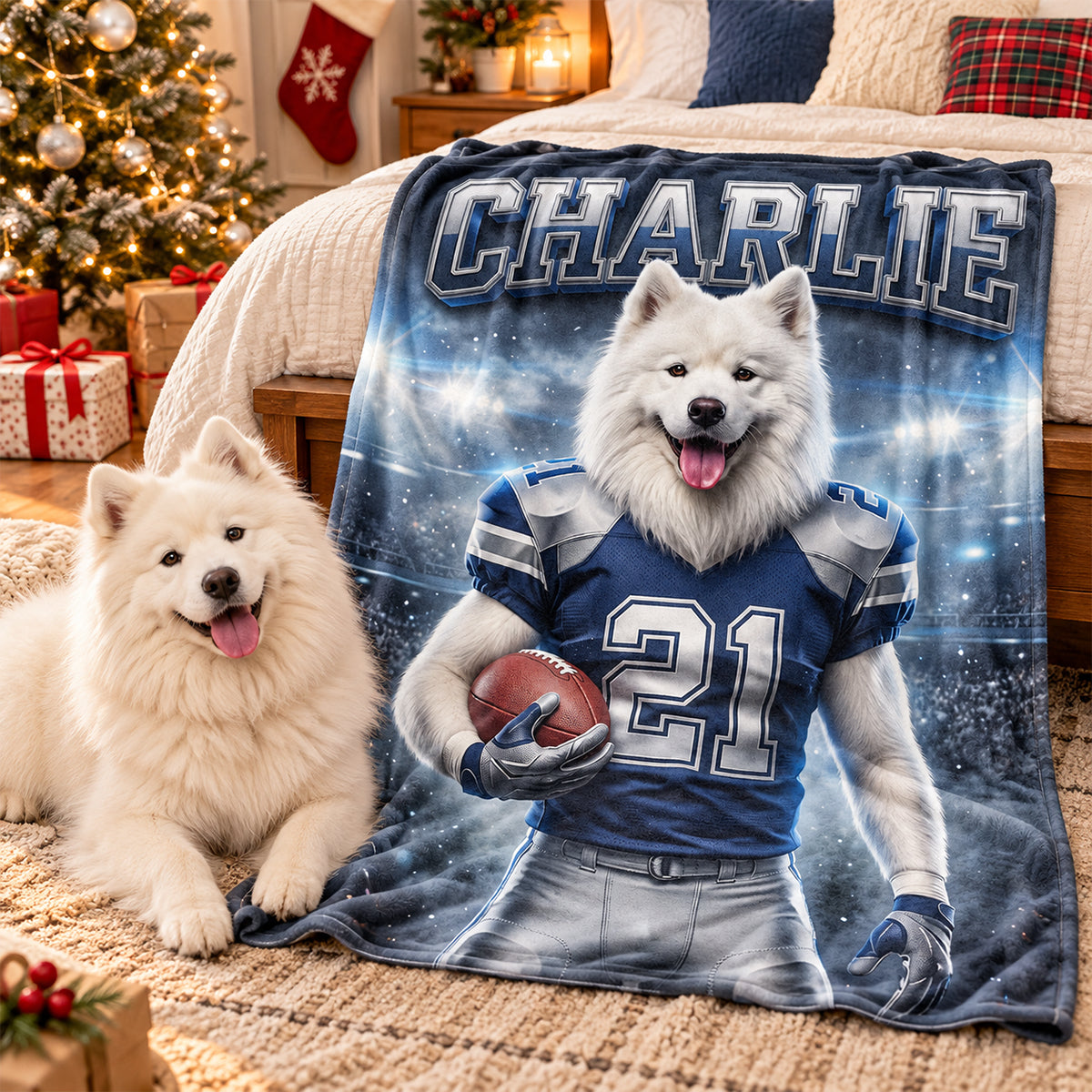 Custom Football Dog Cat Portrait from Photo - Personalized Fleece Blanket - Christmas Gift for Pet Lovers