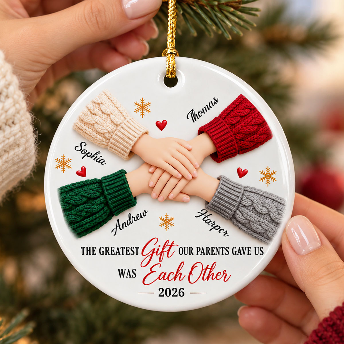 The Greatest Gift Siblings Hands - Personalized Ceramic Ornament - Christmas Gift for Brother Sister, Sibling Family Keepsake
