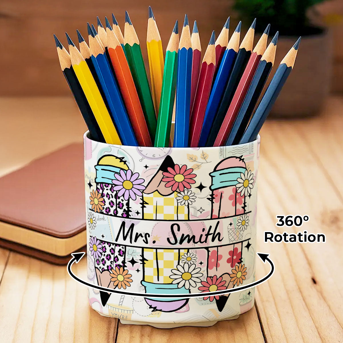 Teacher Life Doodle Pattern Personalized Rotating Pen Holder, Teacher Appreciation Gift, Back To School Gift