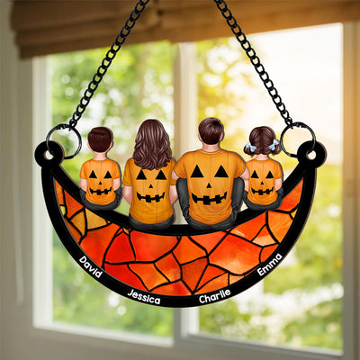 Halloween Family On Moon Personalized Suncatcher, Halloween Decoration