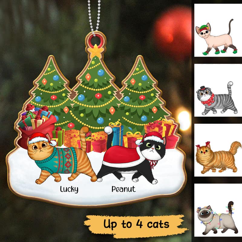 Walking Fluffy Cat On Snow Christmas Personalized Wooden Ornament