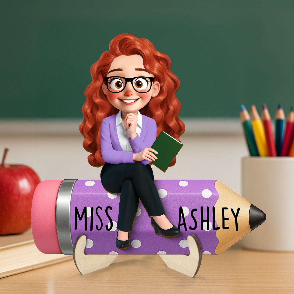Cute Cartoon Teacher Sitting On Pencil Personalized 2-Layer Wooden Plaque, Gift For Teacher