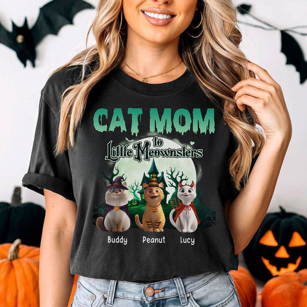 Cat Mom to Little Meownsters Personalized Shirt, Halloween Shirt for Cat Moms