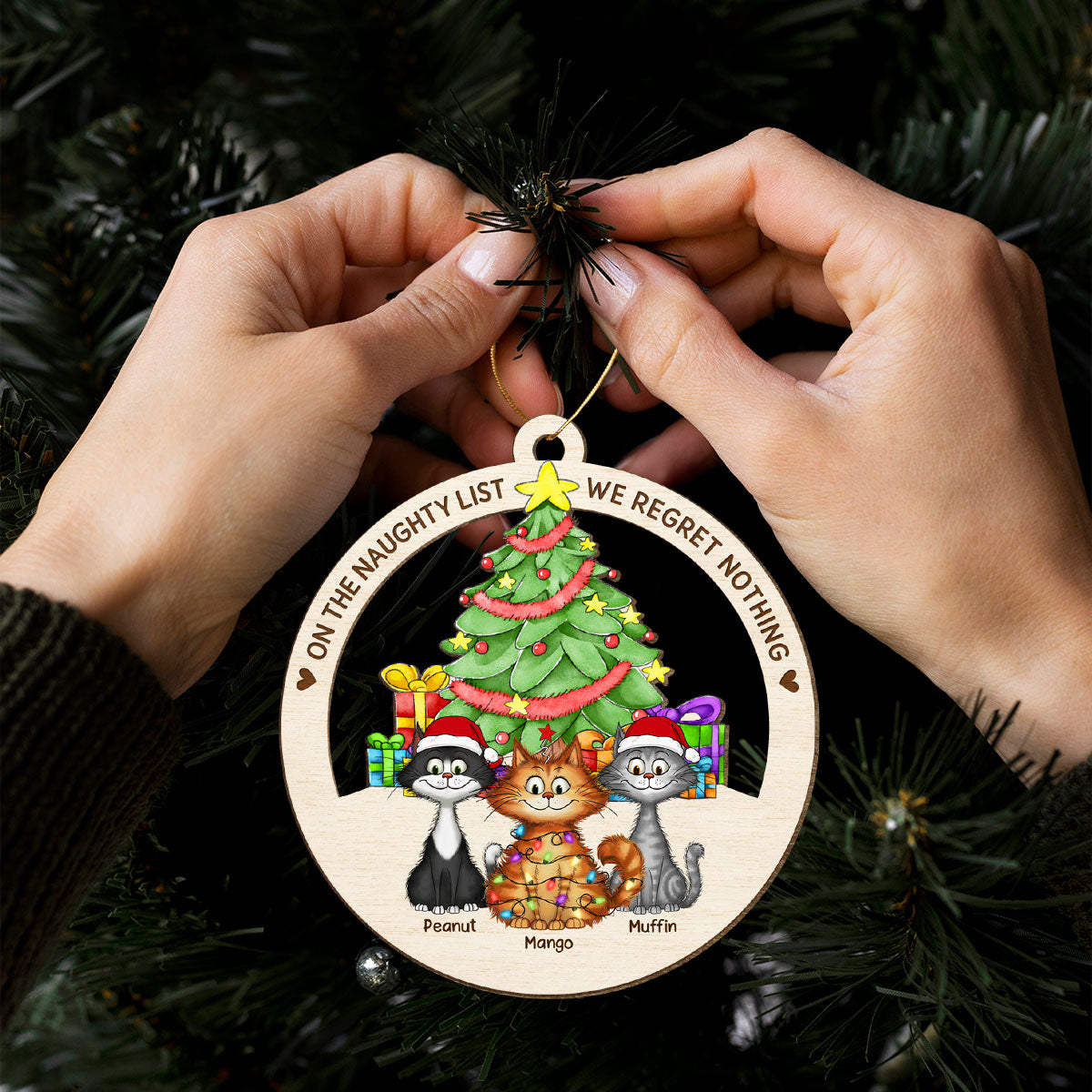 Christmas Tree Quirky Cat On The Naughty List We Regret Nothing Wooden Ornament, Personalized Christmas Cat Ornament