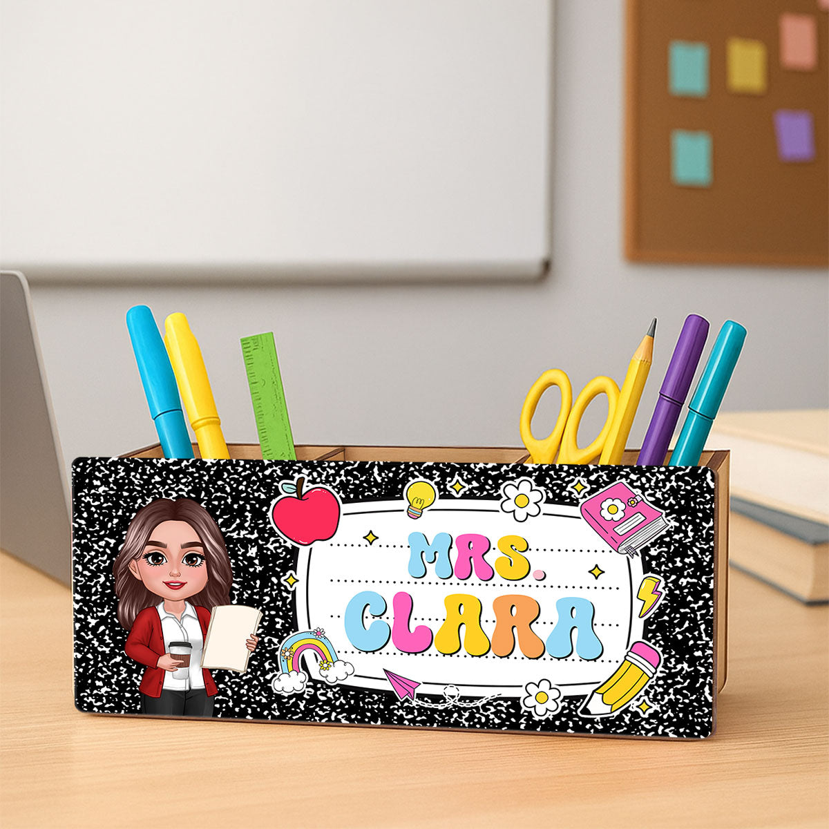 Teacher Composition Book Pattern Personalized Pencil Holder, Back To School Gift