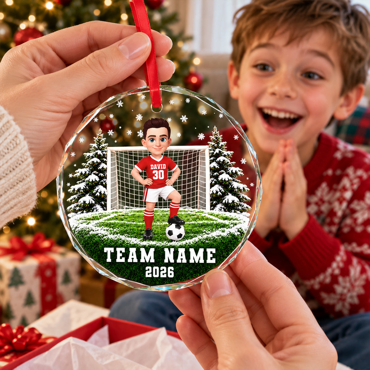 Soccer Player 2D Flat - Personalized Glass Ornament – Custom Boy & Girl Soccer Christmas Keepsake, Team Name & Year, Gift for Soccer Lovers