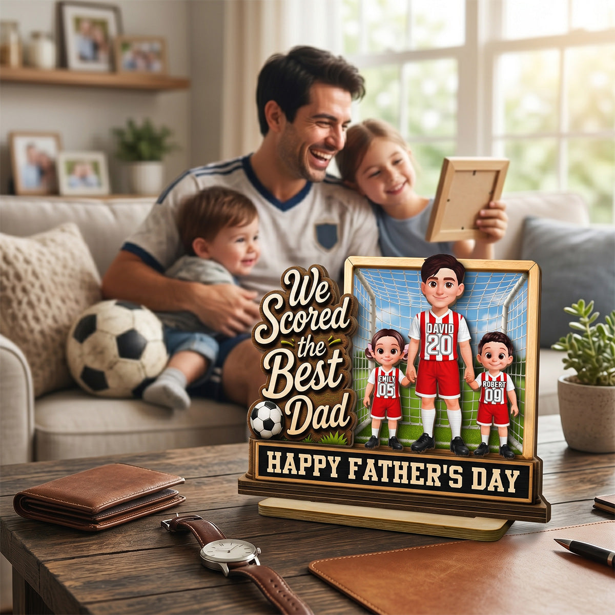 We Scored The Best Dad Dad & Kids In Goal 2D Flat - Personalized 2-Layered Wooden Plaque - Father's Day Gift For Soccer Dad, UK Football Dad