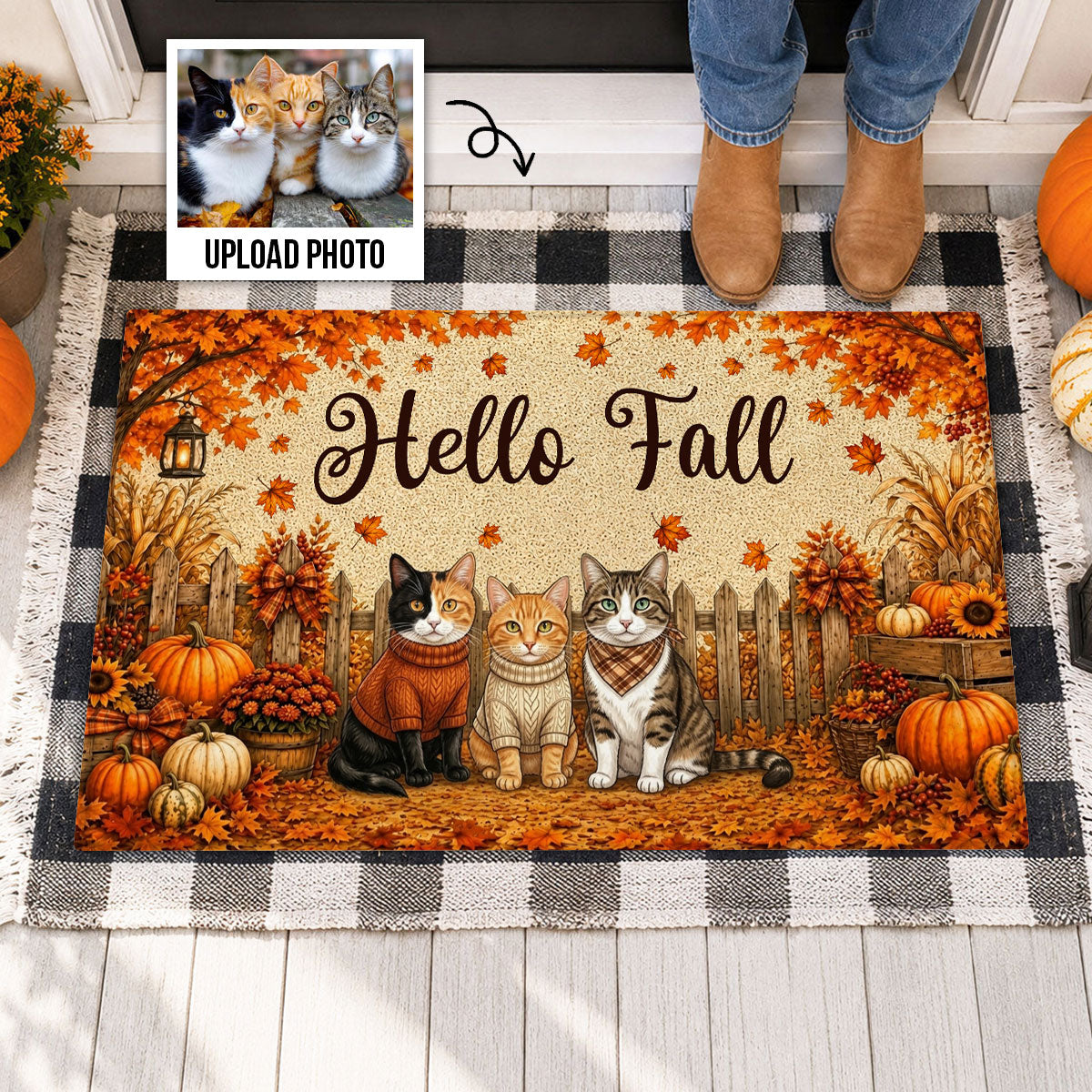 Vintage Dog Cat Fall Season Photo Upload - Personalized Doormat - Gift For Dog Mom, Cat Mom