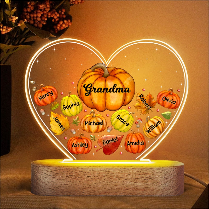 Grandma Mom Pumpkins Fall Leaves Personalized Heart Acrylic LED Night Light