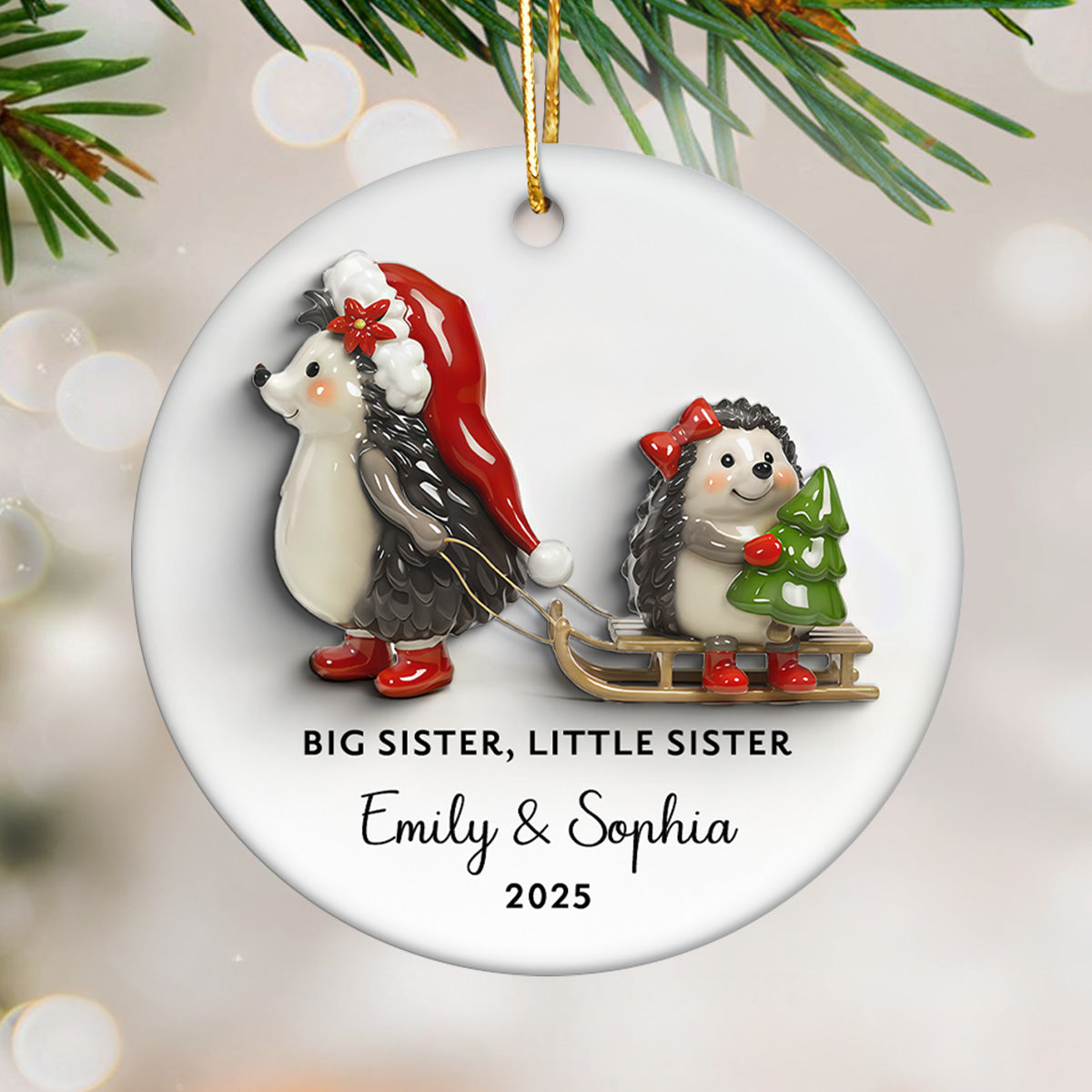 Big Sister Little Sister 3D Effect Cute Hedgehog - Personalized Ceramic Ornament - Proud New Big Sister Gift For Daughter, Granddaughter