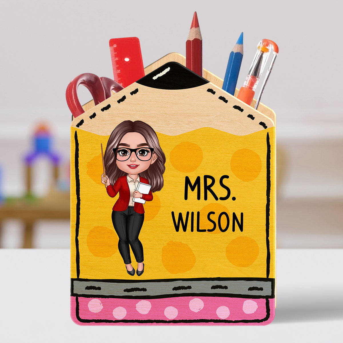 Doll Teacher Vertical Pencil Personalized Pen Pencil Holder, Back To School Gift