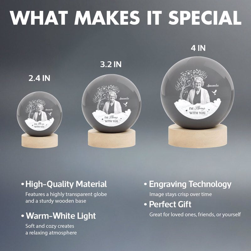 I Am Always with You Memorial Tribute - Personalized Crystal Ball Night Light - Heartfelt Remembrance Keepsake