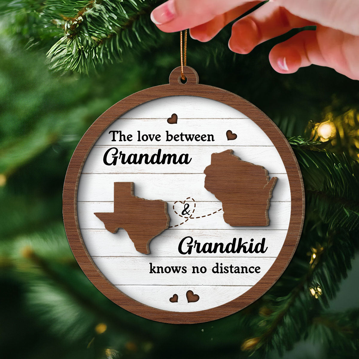 Grandkids Long Distance State Map Personalized 2-Layer Wooden Ornament, Christmas Gift For Grandma