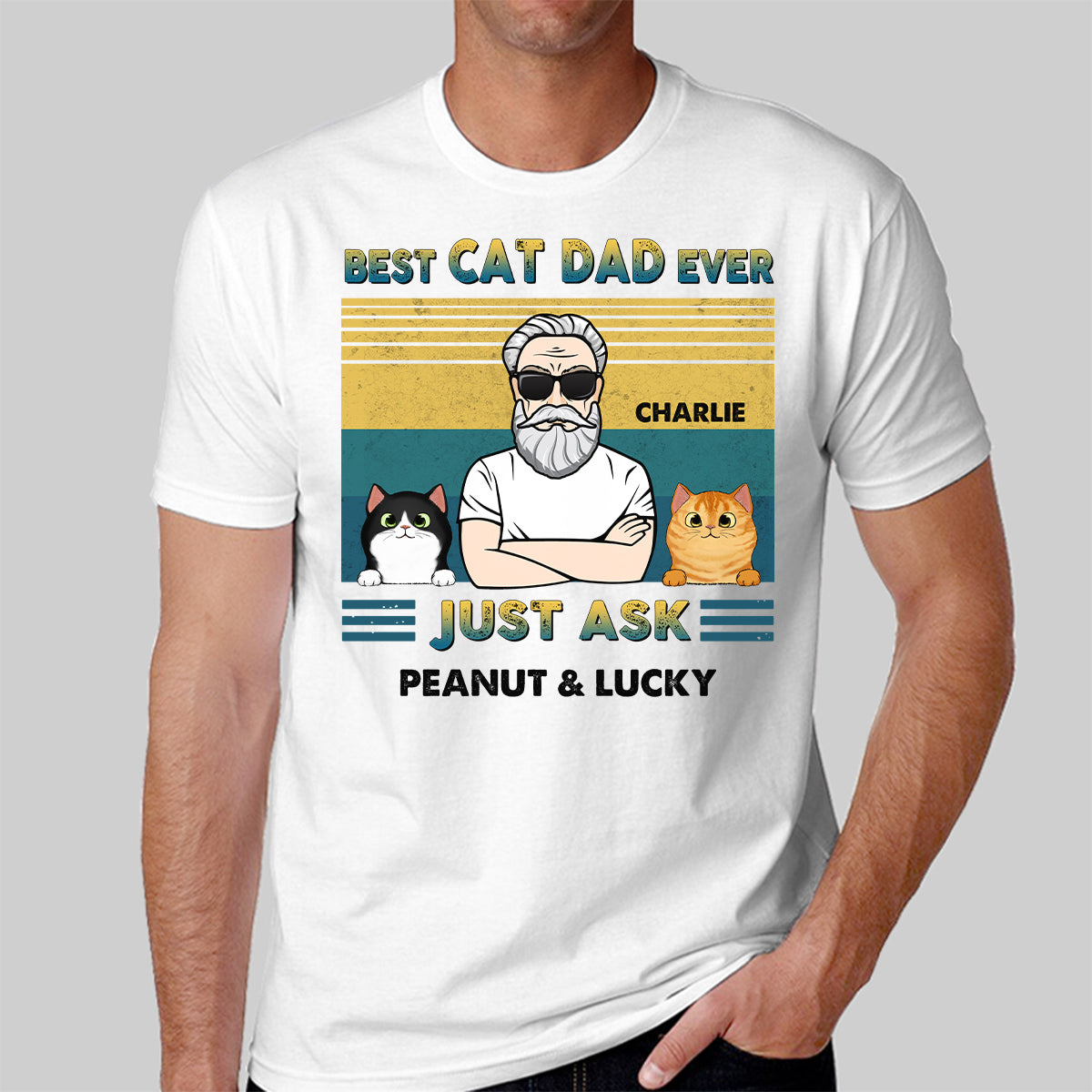 Best Cat Dad Ever Green Yellow Retro Personalized Shirt