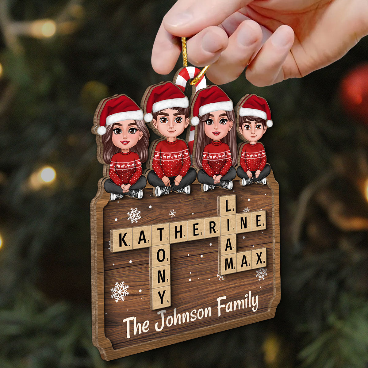 Animated Family Sitting On Crossword Puzzle Board Personalized 2-Layer Wooden Ornament
